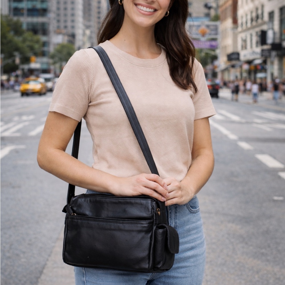 Classic Black Leather Crossbody Bag - Women's Everyday Shoulder Bag